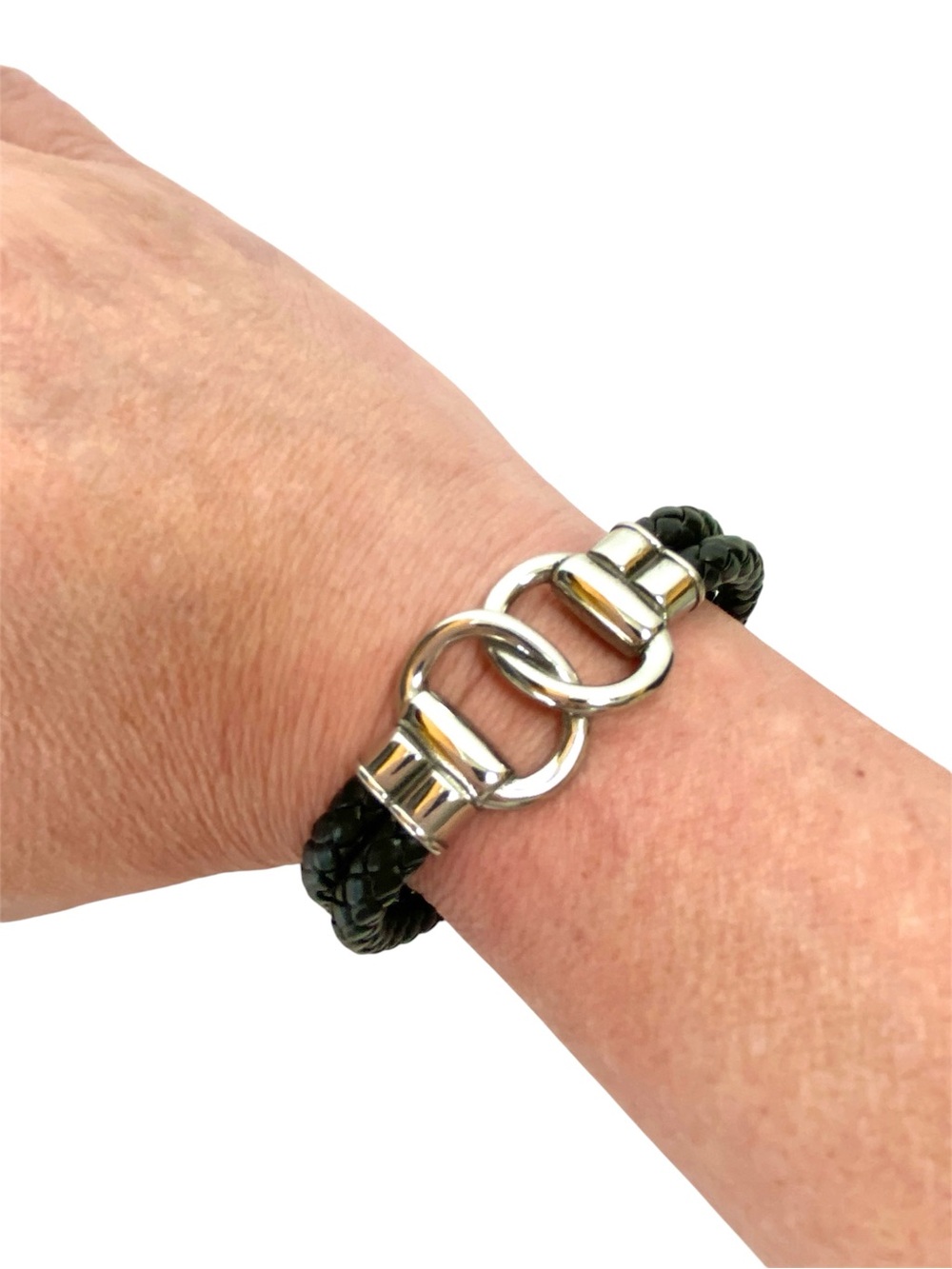 NWOT Unisex Black Leather Braided Bracelet w/Decorative Stainless Hardware